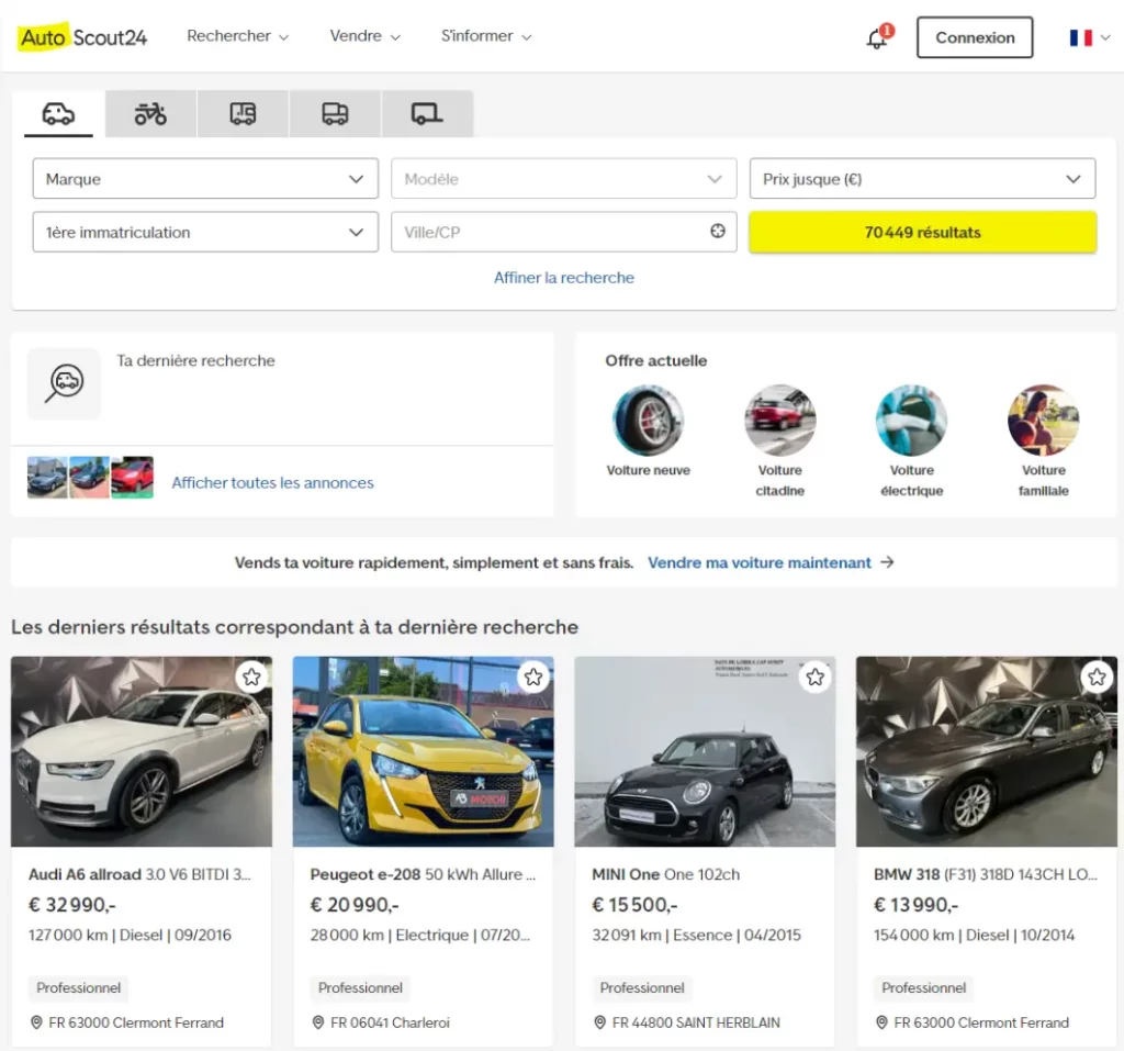 Screen capture of an auction website for imported French cars - AutoScout24.fr