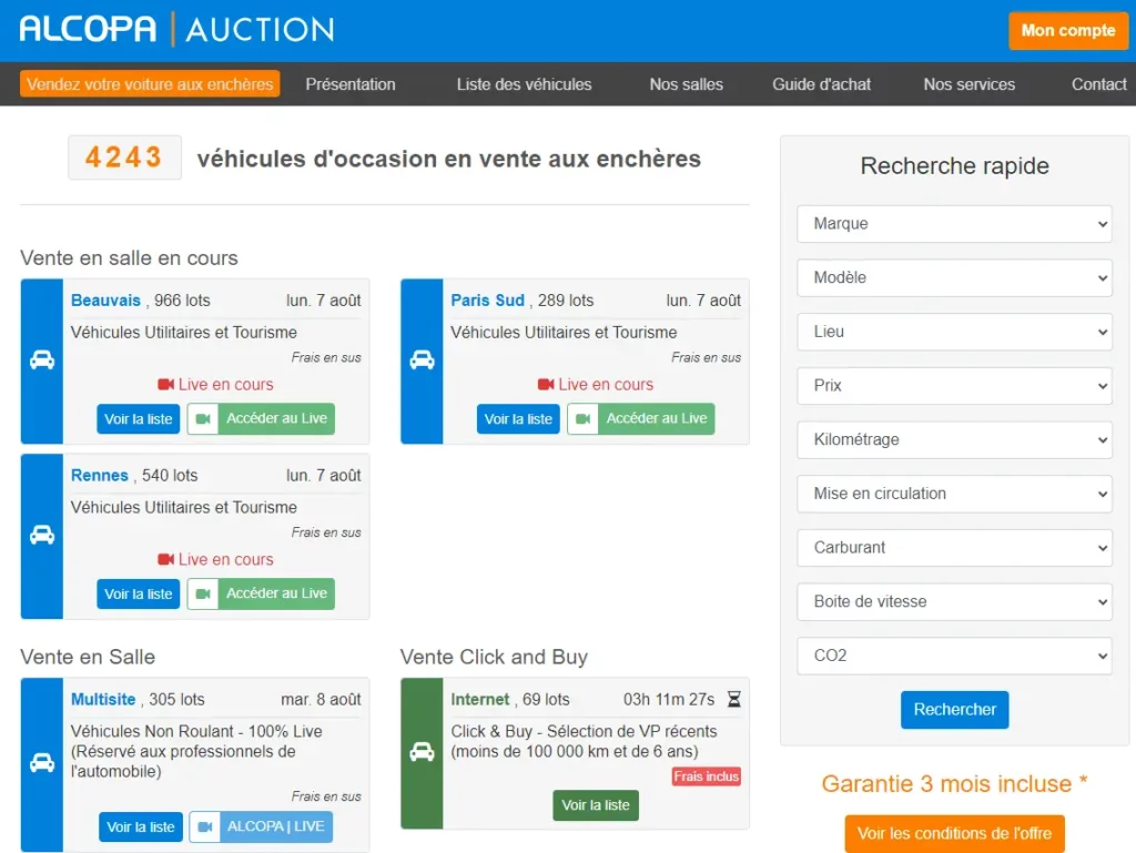 Screenshot of an auction list on a website for imported French cars - Alcopa Auction (alcopa-auction.fr).